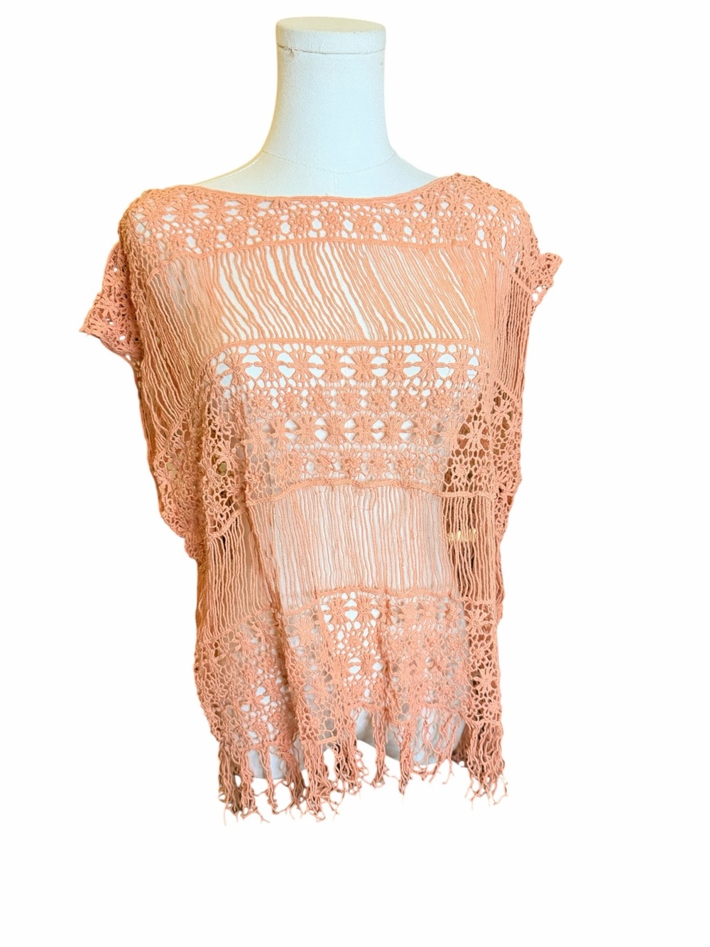 NWT Boho Crochet Fringe Top 100% Cotton Beach Festival Cover Up M/L Living Doll